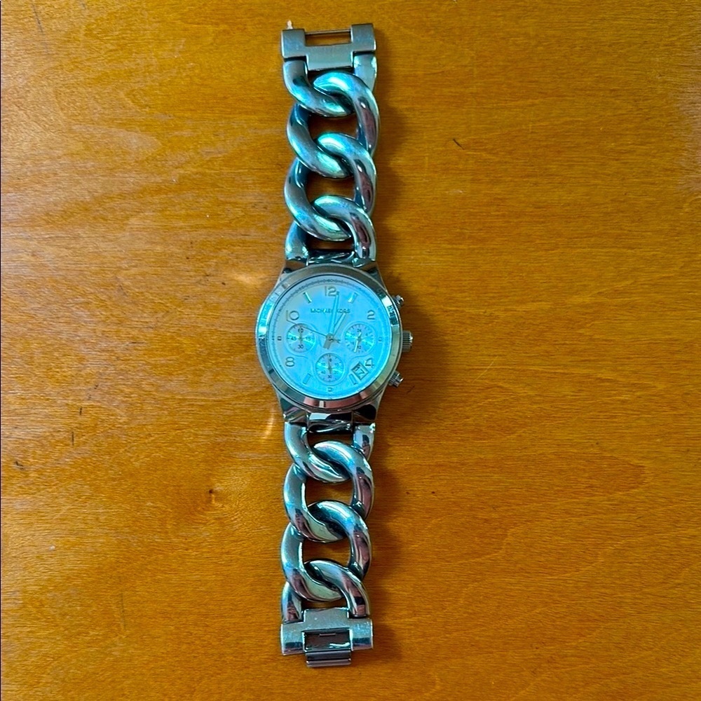 Michael Kors Silver Chronograph Watch with Chain-Link Band